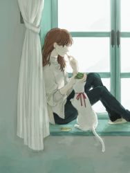 Rule 34 | 1girl, black legwear, brown hair, cat, closed mouth, curtains, day, denim, earrings, food, from side, highres, hinao (flowerrabbit2348), ice cream, jeans, jewelry, long hair, looking at viewer, mole, mole under eye, neck ribbon, original, pants, pet, profile, red ribbon, ribbon, sitting, sketch, slippers, socks, sunlight, sweater, turtleneck, turtleneck sweater, white cat, white sweater, window