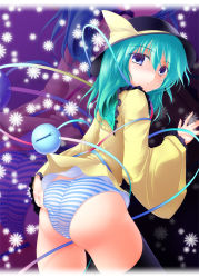Rule 34 | 1girl, :t, ass, bad id, bad pixiv id, blue eyes, female focus, gisyo, green hair, hat, komeiji koishi, looking back, panties, short hair, solo, striped clothes, striped panties, touhou, underwear, zoom layer