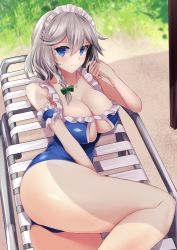 Rule 34 | 1girl, arm garter, blue eyes, blue one-piece swimsuit, bow, braid, breasts, chair, cleavage, day, green bow, hair between eyes, highres, izayoi sakuya, large breasts, looking at viewer, lounge chair, maid headdress, one-piece swimsuit, outdoors, silver hair, sinkai, sitting, smile, solo, summer, swimsuit, thighs, touhou