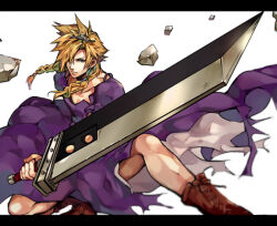 Rule 34 | 1boy, blonde hair, blue eyes, boots, braid, brown footwear, buster sword, choker, cloud strife, commentary request, crossdressing, dress, fighting stance, final fantasy, final fantasy vii, full body, holding, holding sword, holding weapon, long hair, male focus, on one knee, purple dress, rock, serious, solo, spiked hair, sword, tama (tmfy5), tiara, twin braids, weapon, white background