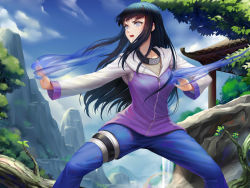 Rule 34 | 1girl, absurdres, bandaged leg, bandages, black hair, blue fire, blue pants, blue sky, blush, breasts, building, cloud, day, empty eyes, feet out of frame, fighting stance, fire, fishnets, highres, hood, hood down, hooded jacket, hyuuga hinata, jacket, long hair, long sleeves, medium breasts, mountain, naruto, naruto (series), open mouth, outdoors, pants, purple eyes, purple jacket, rock, sky, solo, sonikey0 0, spread legs, standing, thigh strap, tree, v-shaped eyebrows, white sleeves