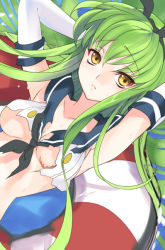Rule 34 | 1girl, breasts, c.c., code geass, cosplay, creayus, cropped, crossover, elbow gloves, floating, gloves, green hair, hairband, innertube, kantai collection, sailor collar, scar, shimakaze (kancolle), shimakaze (kancolle) (cosplay), solo, swim ring, torn clothes, underboob, white gloves, yellow eyes