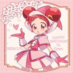 Rule 34 | 1girl, :o, blush, brooch, capelet, cherry blossoms, commentary, dated, double bun, dress, earrings, english commentary, gloves, hair bun, hand up, happy birthday, harukaze doremi, hat, heart, heart brooch, jewelry, looking at viewer, magical girl, ojamajo doremi, open mouth, petals, pink capelet, pink dress, pink eyes, pink gloves, pink hat, red hair, short hair, solo, suzuki (2red moon3), witch hat