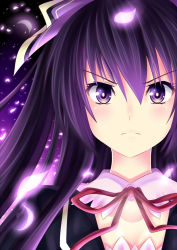 Rule 34 | 10s, 1girl, collarbone, date a live, hair between eyes, long hair, looking at viewer, neck ribbon, portrait, purple eyes, purple hair, red ribbon, ribbon, shiny skin, solo, villyane, yatogami tooka