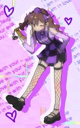 Rule 34 | 1girl, bare shoulders, bow, bowtie, brown eyes, brown hair, checkered clothes, checkered skirt, english text, fishnet thighhighs, fishnets, goth fashion, hair between eyes, hair bow, hat, heart, heart-shaped pupils, highres, himekaidou hatate, holding, holding phone, long sleeves, miniskirt, one eye closed, phone, punkish gothic, skirt, solo, symbol-shaped pupils, thighhighs, touhou, twintails, vuluhappy