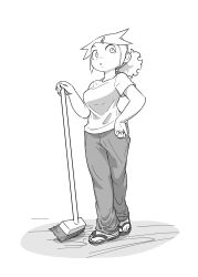 Rule 34 | 1girl, breasts, broom, commentary request, freckles, full body, greyscale, hair ornament, hairclip, hand on own hip, highres, large breasts, monochrome, o den, original, pants, ponytail, sandals, shirt, solo, t-shirt