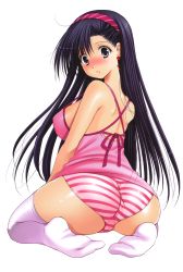 Rule 34 | 1girl, absurdres, ass, asymmetrical bangs, azuma yuki, bare shoulders, black hair, blue eyes, blush, breasts, camisole, earrings, feet, hairband, highres, jewelry, large breasts, long hair, looking at viewer, looking back, no shoes, original, panties, sitting, solo, striped clothes, striped panties, thighhighs, underwear, wariza, white thighhighs