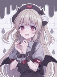 Rule 34 | 1girl, @ @, apron, bandaged horn, bandaged wrist, bandages, black apron, blush, bound, bound wrists, brown hair, center frills, commentary, crying, crying with eyes open, cuffs, demon horns, demon wings, frills, grey shirt, grid background, handcuffs, hands up, hat, heart, highres, horns, long hair, looking at viewer, low wings, natori sana, nurse cap, open mouth, outline, paperclip, red eyes, sana channel, shirt, short sleeves, solo, sweat, symbol-only commentary, tears, two side up, upper body, uxx2ixu, virtual youtuber, wavy mouth, white outline, wings