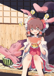 Rule 34 | 1girl, :d, ?, architecture, ascot, bare shoulders, barefoot, breasts, brown eyes, brown hair, cover image, detached sleeves, east asian architecture, food, frilled ribbon, frills, fruit, hair between eyes, hair ribbon, hair tubes, hakurei reimu, hc2002, highres, imminent rape, long hair, open mouth, outdoors, red ribbon, red skirt, red vest, ribbon, sidelocks, sitting, skirt, skirt set, sleeves rolled up, small breasts, smile, solo, spoken question mark, tentacles, touhou, vest, watermelon, wide sleeves, wooden floor, wooden wall, you gonna get raped