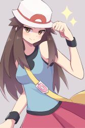 Rule 34 | 1girl, absurdres, bag, bare shoulders, black wristband, blue shirt, blush, brown eyes, brown hair, closed mouth, commentary request, creatures (company), eyelashes, game freak, grey background, hat, highres, leaf (pokemon), long hair, looking at viewer, nintendo, piyo to game, pokemon, pokemon frlg, red skirt, shirt, shoulder bag, simple background, skirt, sleeveless, sleeveless shirt, smile, solo, sparkle, white hat, yellow bag