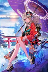Rule 34 | 1girl, animal ears, brown hair, chinese zodiac, fur-trimmed kimono, fur trim, geta, hair ornament, highres, holding, holding clothes, holding underwear, ice sculpture, japanese clothes, kimono, long hair, long sleeves, looking at viewer, morino minori, nengajou, new year, obi, oil-paper umbrella, open mouth, original, outdoors, ponytail, rabbit, rabbit ears, rabbit girl, red eyes, sash, sky, snow, snowman, socks, solo, sparkle, sunset, tabi, tree, umbrella, underwear, wide sleeves, winter, year of the rabbit