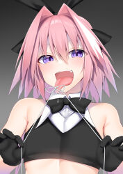 Rule 34 | 1boy, armpit crease, astolfo (fate), astolfo (saber) (fate), bare shoulders, black bow, black bowtie, black gloves, bow, bowtie, fang, fate/apocrypha, fate/grand order, fate (series), gloves, gradient background, grey background, hair between eyes, hair intakes, highres, holding, kitajima yuuki, long hair, looking at viewer, male focus, multicolored hair, pink hair, purple eyes, smile, solo, streaked hair, tongue, tongue out, trap, upper body, white hair