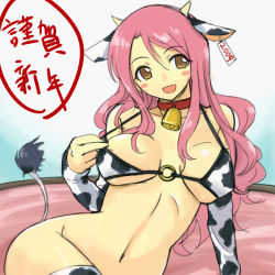 Rule 34 | 00s, 1girl, 2009, animal ears, animal print, bell, bikini, bikini top only, blush, breasts, brown eyes, collar, cow ears, cow print, cow print bikini, cow tail, cowbell, curvy, elbow gloves, gloves, horns, large breasts, long hair, michael f91, neck bell, new year, no panties, pink hair, print bikini, solo, swimsuit, tail, thighhighs
