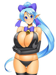 Rule 34 | areola slip, bare shoulders, bell, black gloves, blue eyes, blue hair, bow, bowtie, breasts, cameltoe, cleavage, covered navel, elbow gloves, elf, gigantic breasts, gloves, hair bow, high ponytail, huge breasts, kawanuma uotsuri, long hair, looking at viewer, pointy ears, ponytail, simple background, smile, solo, thigh gap, thighs, very long hair, white background