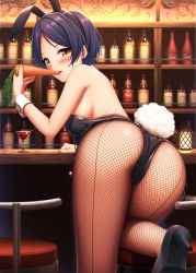 Rule 34 | 1girl, animal ears, ass, back, bar (place), bare shoulders, black footwear, black hair, black leotard, blush, bottle, breasts, carrot, cocktail glass, commentary request, cup, detached collar, drinking glass, earrings, fake animal ears, fishnet pantyhose, fishnets, hayami kanade, high heels, highres, idolmaster, idolmaster cinderella girls, indoors, jewelry, large breasts, leotard, lips, looking at viewer, looking back, nail polish, nazu-na, pantyhose, parted bangs, parted lips, pink nails, playboy bunny, rabbit ears, rabbit tail, short hair, smile, solo, strapless, strapless leotard, tail, wrist cuffs, yellow eyes