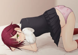 Rule 34 | 1girl, absurdres, all fours, black skirt, black sweater vest, blurry, blurry background, blush, bracelet, clothes lift, commentary, dress shirt, female focus, genderswap, genderswap (mtf), green eyes, hair ornament, hairclip, hananoki makoto (sirokohi), heart, heart print, highres, jewelry, looking at viewer, looking to the side, looking up, nose blush, on bed, original, panties, pink panties, pleated skirt, red hair, shirt, short hair, short sleeves, sirokohi, skirt, skirt flip, skirt lift, solo, sweater vest, underwear, white shirt