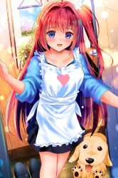 Rule 34 | 1girl, :d, absurdres, ahoge, ao no kanata no four rhythm, apron, black skirt, blue eyes, blue shirt, blush, commentary, dog, frilled apron, frills, hair between eyes, hair intakes, hanging scroll, happy, heart, heart print, highres, indoors, izumikuu, kurashina asuka, light particles, long hair, looking at viewer, one side up, open door, open mouth, pink hair, plant, potted plant, scroll, shirt, skirt, sleeves rolled up, slippers, smile, solo, straight hair, unworn slippers, very long hair, white apron
