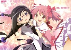 Rule 34 | 10s, 2girls, :d, absurdres, akemi homura, black hair, blush, bow, braid, bubble skirt, capelet, dress, frills, glasses, gloves, hair bobbles, hair bow, hair ornament, hairband, highres, holding hands, kaname madoka, lolita fashion, long hair, magical girl, mahou shoujo madoka magica, mahou shoujo madoka magica (anime), multiple girls, newtype, official art, open mouth, pink eyes, pink hair, pleated skirt, puffy sleeves, red-framed eyewear, scan, short dress, short hair, short twintails, signature, skirt, smile, spoilers, sumimoto etsuko, twin braids, twintails, very long hair, watermark, white gloves