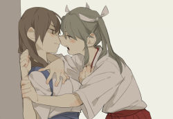 Rule 34 | 10s, 2girls, against wall, angry, blue tasuki, blush, brown hair, clenched hand, closed mouth, clothes grab, d.y.x., eye contact, eyes visible through hair, female focus, grey hair, hair between eyes, hair down, hair ribbon, hand up, holding another&#039;s wrist, imminent kiss, japanese clothes, kabedon, kaga (kancolle), kantai collection, long hair, looking at another, multiple girls, neck, open mouth, ribbon, round teeth, shaded face, short sleeves, tasuki, teeth, twintails, white ribbon, wide sleeves, yuri, zuikaku (kancolle)