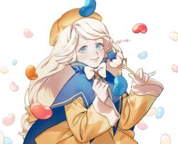 Rule 34 | 7hrang, blue eyes, bow, bowtie, candy, cookie run, cream puff cookie, food, hat, highres, humanization, jelly bean, long sleeves, smile, white hair, yellow hat