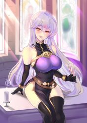 Rule 34 | 1girl, alternate costume, bare shoulders, breasts, candle, corruption, dark persona, drink, facial mark, fire emblem, fire emblem: genealogy of the holy war, forehead mark, highres, holding, holding drink, julia (fire emblem), large breasts, long hair, looking at viewer, mind control, nintendo, purple hair, purple lips, red eyes, revolverwing, sitting, solo, thighhighs, thighs, tongue, tongue out