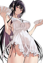 Rule 34 | 1girl, apron, bikini, black hair, blush, breasts, colored inner hair, frilled apron, frills, haitekudasai takamine-san, hiiragi yuuichi, holding, holding plate, large breasts, long hair, looking at viewer, looking down, multicolored hair, parted lips, plate, purple hair, ribbon, see-through, side-tie bikini bottom, simple background, solo, standing, swimsuit, takamine takane, thighs, very long hair