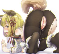 Rule 34 | 1girl, all fours, animal ears, ass, black pantyhose, blonde hair, blush, bob cut, braid, censored, dog ears, dog tail, drooling, fang, feet, from behind, granblue fantasy, hair ornament, heart, heart censor, highres, hyouta (yoneya), looking at viewer, looking back, nipples, no panties, no shoes, open mouth, pantyhose, pussy, pussy juice, rope, saliva, shadow, shimenawa, short hair, soles, solo, tail, thighband pantyhose, torn clothes, torn pantyhose, twitter username, vajra (granblue fantasy), yellow eyes