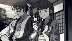 Rule 34 | 1boy, 1girl, asada hachi, asano rin, blade of the immortal, blush, braid, closed mouth, commentary, cross scar, dango, facial hair, food, greyscale, hands up, highres, holding, holding food, japanese clothes, kimono, long hair, long sleeves, looking at food, looking to the side, manji, monochrome, mouth hold, obi, open clothes, open kimono, sash, scar, scar on chest, scar on face, serious, short hair, short ponytail, skewer, smile, stubble, twig, twin braids, twitter username, upper body, wagashi, watermark, wide sleeves