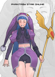 Rule 34 | 1girl, ^ ^, bare legs, bike shorts, blue hair, breasts, caduceus, closed eyes, copyright name, fonewearl, fur-trimmed headwear, fur trim, g-room honten, grey background, grin, happy, hat, jester cap, long hair, long sleeves, midriff, phantasy star, phantasy star online, pointy ears, puffy sleeves, purple hat, rupika, sega, skirt, small breasts, smile, solo, staff, standing, text focus, thigh gap, zoom layer