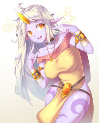 Rule 34 | 1girl, absurdres, ahoge, breasts, colored skin, covered erect nipples, dress, highres, horns, jewelry, large breasts, league of legends, long hair, open mouth, pelvic curtain, pendant, pointing, pointing at self, pointy ears, purple skin, simple background, single horn, solo, sonawill, soraka (league of legends), star (symbol), tagme, teeth, upper teeth only, white background, white hair, yellow dress, yellow eyes
