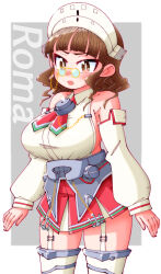 Rule 34 | 1girl, absurdres, blunt bangs, breasts, brown eyes, brown hair, character name, commission, cowboy shot, detached sleeves, eyewear strap, food, garter straps, glasses, headdress, headgear, highres, kantai collection, large breasts, long hair, long sleeves, miniskirt, open mouth, pasta, pince-nez, pixiv commission, red skirt, roma (kancolle), shin (shin k009), skirt, solo, standing, thighhighs, wavy hair, white sleeves