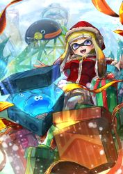 Rule 34 | 1girl, bad id, bad pixiv id, blue eyes, capelet, closed mouth, commentary, dress, fangs, gift, hat, highres, hooded, inkling, inkling girl, inkling player character, jellyfish (splatoon), kashu (hizake), long hair, looking at another, looking at viewer, nintendo, orange hair, print thighhighs, red dress, red hat, santa costume, short dress, sitting, smile, snow, solo, splatoon (series), splatoon 1, thighhighs, tower, white thighhighs, zapfish