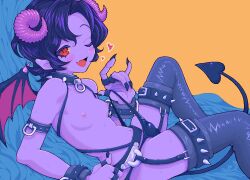 Rule 34 | 1boy, blush, bulge, collar, colored skin, commission, demon tail, dot nose, fang, feet out of frame, fingernails, heart, highres, horns, jaggy lines, long fingernails, looking at viewer, medium hair, mini wings, navel, nipples, one eye closed, orange background, original, purple skin, red eyes, sakusankarmin, simple background, skeb commission, skin fang, solo, spiked collar, spikes, tail, thighhighs, wings