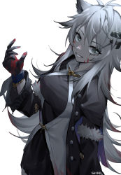 Rule 34 | 1girl, absurdres, animal ears, arknights, artist name, bad id, bad pixiv id, black coat, black dress, black gloves, blood, blood on face, blood on hands, breasts, coat, commentary request, cowboy shot, dress, gloves, grey eyes, grin, hair between eyes, hair ornament, hairclip, hand up, highres, lappland (arknights), lappland (refined horrormare) (arknights), large breasts, long hair, long sleeves, looking at viewer, official alternate costume, open clothes, open coat, scar, scar across eye, scar on face, shao (shaorouhong), sharp teeth, shirt, silver hair, simple background, smile, solo, teeth, very long hair, white background, white shirt, wolf ears