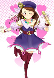 Rule 34 | 1girl, belt, beret, boots, brown hair, dress, earrings, hat, highres, idolmaster, idolmaster (classic), jewelry, leg up, long hair, microphone, minase iori, necklace, off shoulder, one eye closed, palace of dragon (idolmaster), pink eyes, solo, thigh boots, thighhighs, tsurui, wink, wrist cuffs