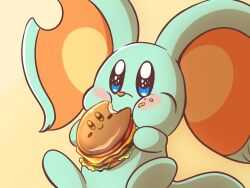 Rule 34 | animal ears, burger, ddddndn, eating, elfilin, food, food on face, highres, holding, holding food, kirby (series), kirby and the forgotten land, kirby burger, mouse ears, nintendo, no humans, notched ear, solid oval eyes, solo, tail, yellow background