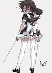 Rule 34 | 1girl, animal ears, apron, artist name, black hair, bow, cat ears, closed mouth, dual wielding, fkey, frilled apron, frills, from behind, garter straps, grey background, highres, holding, holding sword, holding weapon, katana, kneepits, large bow, long hair, low-tied long hair, maid, original, red eyes, sidelocks, signature, simple background, solo, sword, thighhighs, thighs, weapon, white bow, white thighhighs, zettai ryouiki