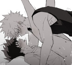 Rule 34 | 2boys, bakugou katsuki, bite mark, blush, boku no hero academia, boy on top, closed eyes, coi mha, commentary, eye contact, from side, greyscale, legs up, looking at another, male focus, midoriya izuku, monochrome, multiple boys, open mouth, parted lips, sex, shirt, short hair, simple background, spiked hair, sweat, tank top, tearing up, yaoi