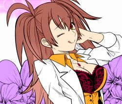 Rule 34 | 1girl, blush, bra, breasts, brown hair, dr. arach, floral background, highres, lab coat, lace, lace bra, large breasts, long hair, looking at viewer, metarogu, non-web source, official art, orange vest, tongue, tongue out, tsukihime, tsukihime (remake), underwear, vest, white background
