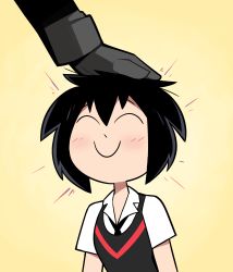Rule 34 | 1girl, absurdres, black hair, blush, closed eyes, head pat, highres, marvel, miscon, peni parker, school uniform, short hair, simple background, smile, spider-man: into the spider-verse, spider-man (series), spider-verse, yellow background