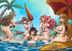 Rule 34 | 5girls, absurdres, ass, ball, beach, beach chair, beachball, blonde hair, blue sky, braid, breasts, brown hair, cloud, coconut, commentary, completely nude, cup, danusko, day, drinking, drinking straw, duel monster, english commentary, exosister elis, exosister irene, exosister martha, exosister sophia, exosister stella, eyewear on head, fish, fishing, fishing rod, flower, green eyes, grey hair, highres, holding, holding cup, holding fishing rod, holding water gun, jewelry, large breasts, long hair, medium hair, multiple girls, navel, necklace, nipples, nude, ocean, one eye closed, open mouth, orange eyes, outdoors, palm tree, parasol, pink hair, purple eyes, sand castle, sand sculpture, sky, smile, squirting liquid, sunglasses, surfboard, teeth, tree, umbrella, upper teeth only, very long hair, water gun, yu-gi-oh!