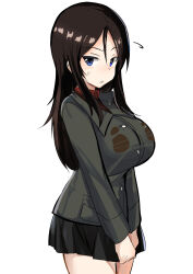 Rule 34 | 1girl, black hair, black skirt, blue eyes, blush, breasts, commentary, cowboy shot, flying sweatdrops, footprints, girls und panzer, green jacket, highres, jacket, large breasts, light frown, long hair, long sleeves, looking at viewer, miniskirt, nonna (girls und panzer), parted lips, pleated skirt, pravda school uniform, red shirt, school uniform, shino (ten-m), shirt, simple background, skirt, skirt tug, solo, standing, sweatdrop, swept bangs, turtleneck, v arms, white background