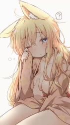 Rule 34 | ?, animal ear fluff, animal ears, animated, animated gif, blonde hair, blue eyes, grabbing another&#039;s breast, breasts, disembodied limb, fox ears, fox girl, grabbing, japanese clothes, kimono, looking at viewer, medium breasts, messy hair, natsu no koucha, one eye closed, open clothes, original, rubbing eyes, sleepy, spoken question mark