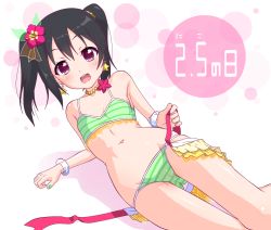 Rule 34 | 10s, 1girl, :d, bikini, black hair, blush, bracelet, earrings, flat chest, flower, green nails, hair flower, hair ornament, hibiscus, highres, jewelry, k10k, long hair, looking at viewer, love live!, love live! school idol project, lying, nail polish, natsuiro egao de 1 2 jump!, navel, necklace, on side, open clothes, open mouth, open skirt, red eyes, short hair, skirt, smile, solo, star (symbol), star earrings, striped bikini, striped clothes, swimsuit, twintails, untied, untying, yazawa nico