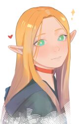 Rule 34 | 1girl, artist name, blonde hair, blue robe, bright pupils, choker, dungeon meshi, elf, heart, highres, hooded robe, long hair, looking at viewer, marcille donato, pointy ears, portrait, red choker, rerxe, robe, simple background, solo, sparkle, white background, white pupils