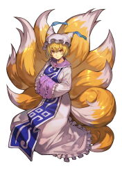 Rule 34 | 1girl, animal ears, blonde hair, blue tabard, closed mouth, commentary request, dress, fox ears, fox tail, frilled sleeves, frills, full body, hands in opposite sleeves, hat, highres, hungry clicker, long sleeves, looking at viewer, multiple tails, orange eyes, second-party source, short hair, solo, tabard, tail, touhou, white dress, wide sleeves, yakumo ran