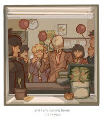 Rule 34 | balloon, birthday, black hair, window blinds, blonde hair, cake, clock, closed eyes, closed mouth, commentary, computer, desk, english commentary, english text, flower pot, food, food on face, formal, from outside, gakuran, hanazawa teruki, highres, in the face, indoors, kageyama ritsu, kageyama shigeo, kurata tome, laptop, long sleeves, looking at another, mob psycho 100, mp100days, necktie, open mouth, pie in face, plant, potted plant, reigen arataka, school uniform, serizawa katsuya, short hair, smile, standing, suit, thank you, window