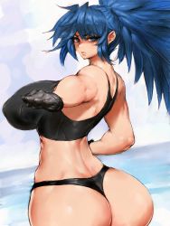 Rule 34 | 1girl, ass, bare shoulders, bikini, black gloves, black panties, blue background, blue hair, breasts, covered erect nipples, from behind, fumio (rsqkr), gloves, highres, huge ass, huge breasts, leona heidern, lips, long hair, looking at viewer, looking back, outstretched arm, panties, ponytail, pout, serious, solo, swimsuit, the king of fighters, thighs, thong, underwear, wide hips