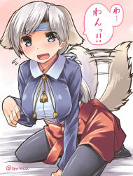 Rule 34 | 10s, 1girl, aaru (tenrake chaya), animal ears, black pantyhose, blouse, blue eyes, breasts, chitose (kancolle), dog ears, dog tail, grey hair, hakama, hakama skirt, headband, highres, japanese clothes, kantai collection, kemonomimi mode, large breasts, long hair, open mouth, pantyhose, personification, ponytail, shirt, skirt, solo, tail, tail wagging
