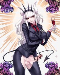 Rule 34 | 1girl, alcohol, arm under breasts, ban! (bansankan), black jacket, black necktie, black pants, black tail, breasts, business suit, censored, collared shirt, cup, demon girl, demon horns, demon tail, drinking glass, formal, futanari, gloves, hair ornament, head tilt, helltaker, highres, holding, holding cup, horns, jacket, large breasts, large penis, long hair, long sleeves, looking at viewer, lucifer (helltaker), mole, mole under eye, monster girl, necktie, neckwear request, pants, penis, red eyes, red shirt, shirt, simple background, smile, smirk, solo, suit, tail, testicles, upper body, very long hair, white background, white gloves, white hair, white horns, wine, wine glass